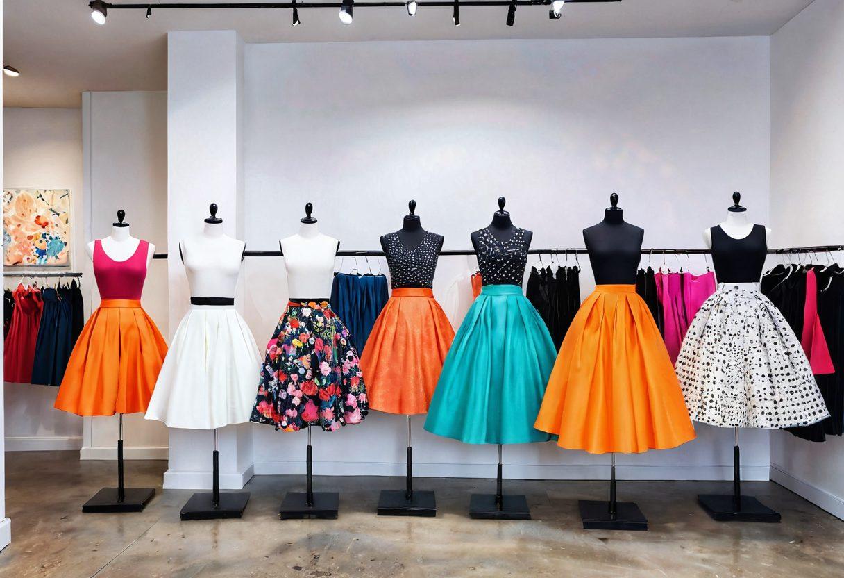 A stylish, vibrant boutique interior showcasing an array of flirty, fashionable skirts in various colors and patterns, displayed on chic mannequins and hangers. Bright lighting highlights the textures and fabrics, inviting a sense of fun and flair. Include a fashion-forward model trying on a skirt, radiating confidence and joy. The background features whimsical fashion illustrations on the walls. super-realistic. vibrant colors. white background.