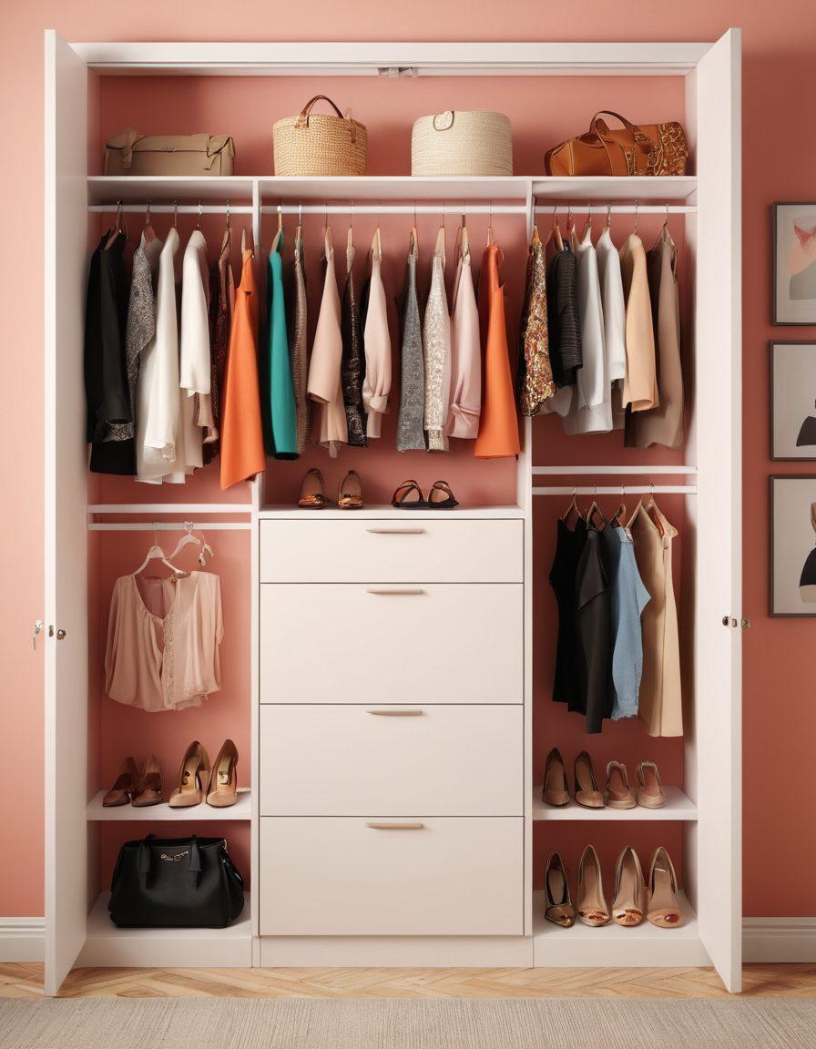 A stylish wardrobe transition scene showcasing a modern closet filled with various outfits, including casual wear and chic dresses. Include accessories such as handbags and shoes, artfully arranged to reflect versatility for different occasions. Use warm, inviting lighting to create a welcoming atmosphere, emphasizing the blend of styles. fashion illustration. vibrant colors. minimalistic background.